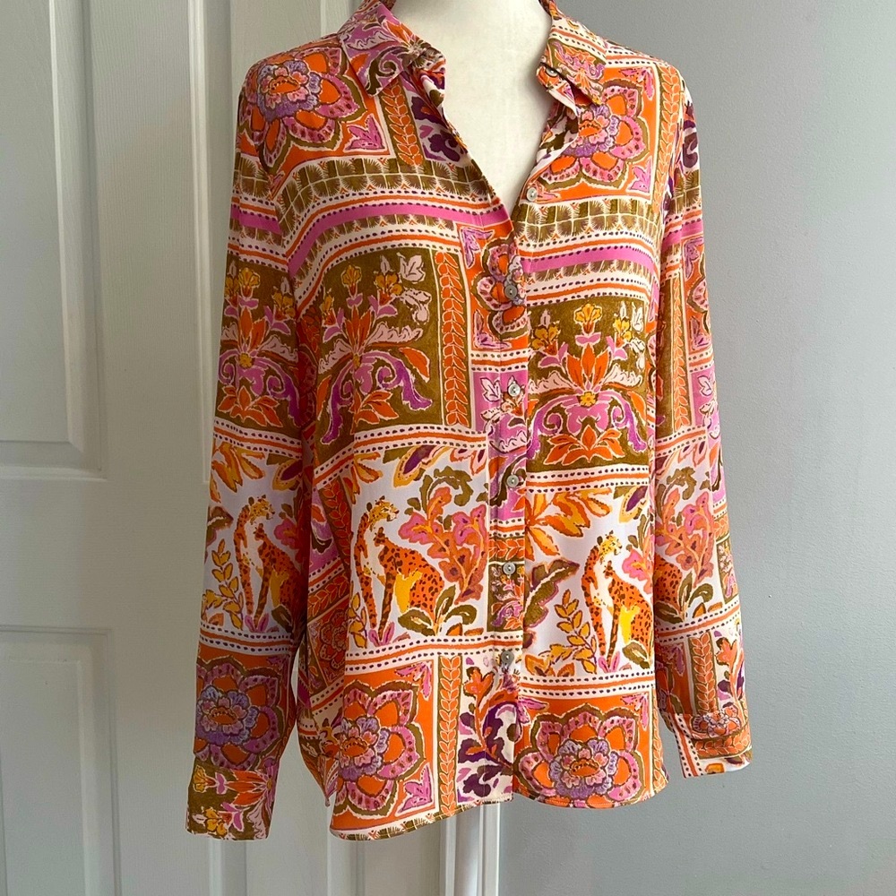 Rose+Olive Patchwork Button-Up Blouse Orange Multi Size L